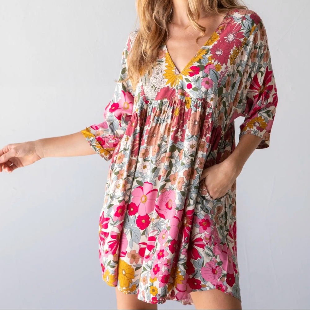 NATURAL LIFE Stella Babydoll Mini Dress Large NWT Pink Floral Boho - Picture 3 of 10
